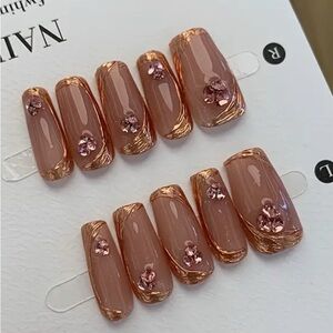 Elegant Pink Diamond & Gold Press On Nail Art reusable medium 10 pc NWT